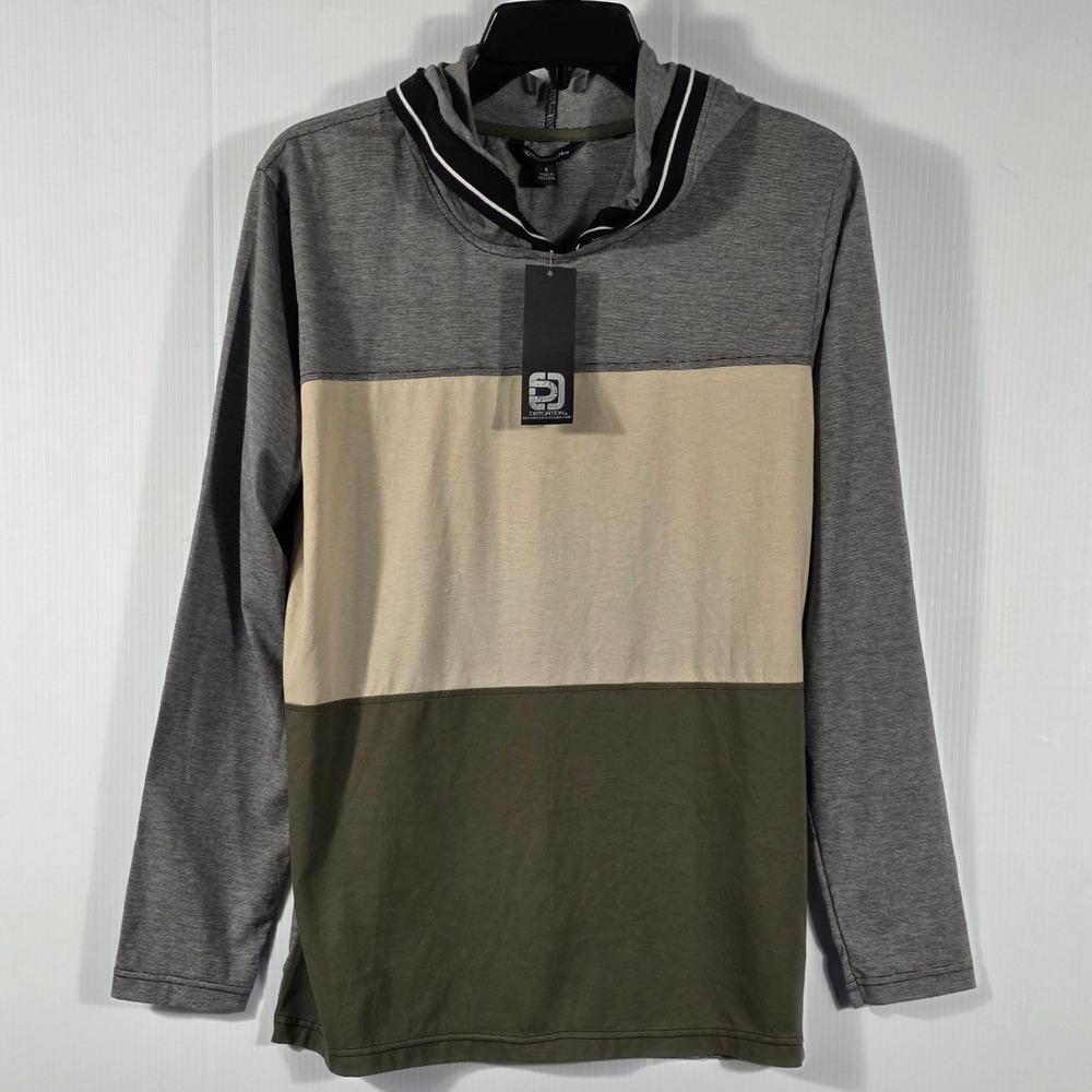 Distortion Mens Small Colorblock Hooded Long Sleeve T-Shirt Grey Tan Olive NWT